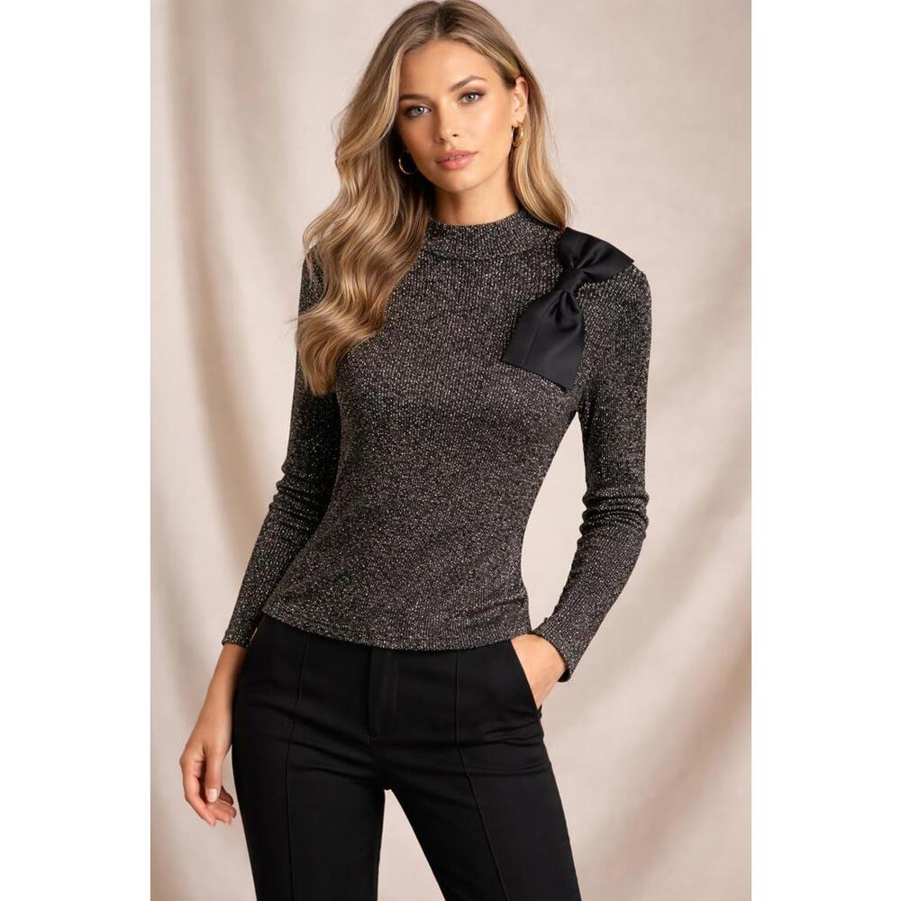 NWT Ann Taylor Womens Black Gold Ribbed Top With Bow Accent Size M Party Elegant